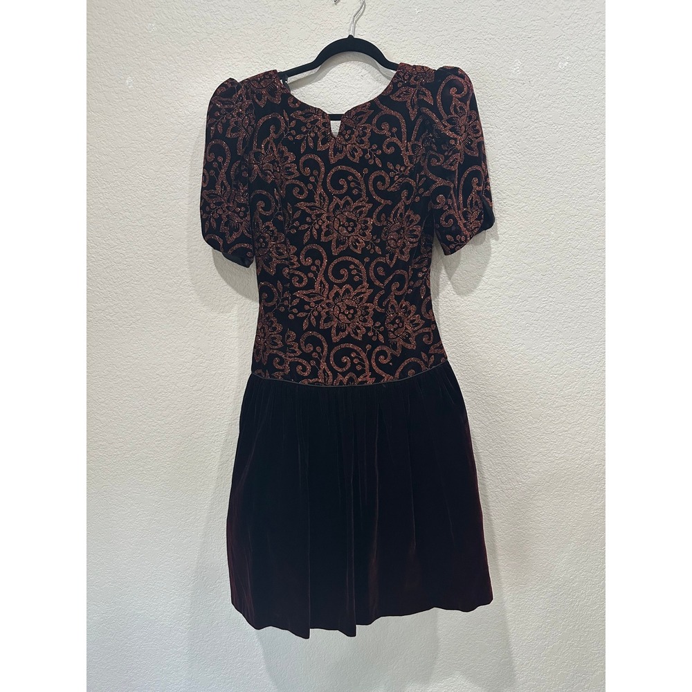 Vintage Velvet Drop Waist Dress Copper Glitter Floral Paisley V-Back Burgundy
